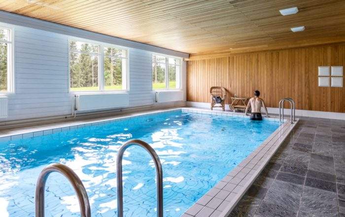 Ve spodním patře vily se nachází wellness centrum s velkou finskou saunou pro 12 osob, bazénem a sprchami.